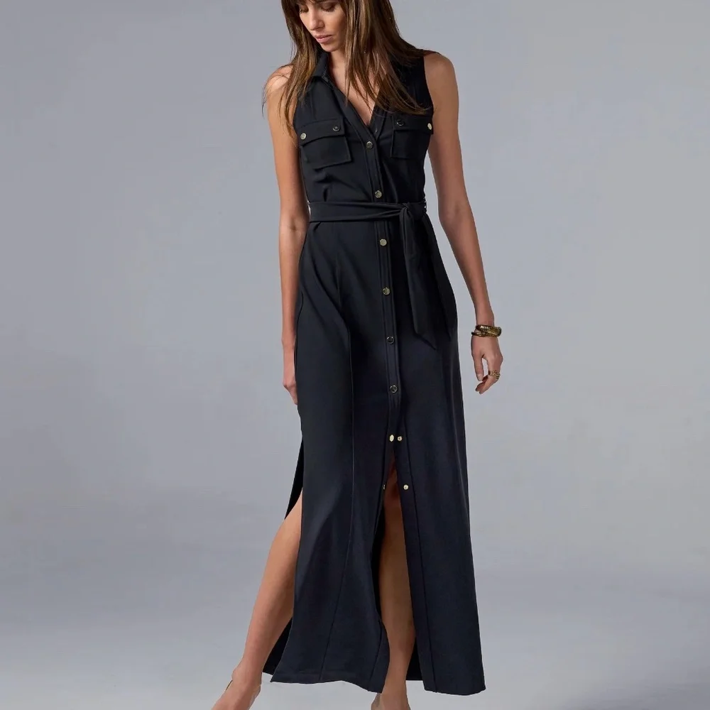 Boston Proper Black Beyond Travel Belted Side Slits Maxi Dress Sz S 6-8 - Picture 1 of 14